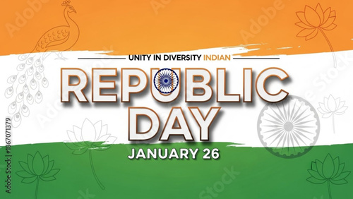 Indian republic day celebration with unity in diversity theme on january 26 featuring lotus flowers and peacock on indian flag background with Patriotism