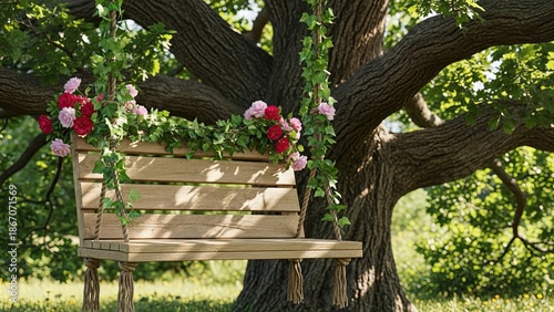 Wooden Bench Under Large Tree.