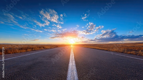 Empty road stretches toward horizon with bright sun setting ahead, symbolizing new beginnings and journey to success through vast uncharted landscapes from eye-level perspective