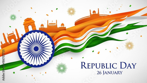 Vibrant indian republic day celebration with waving tricolor flag and iconic landmarks on white background with fireworks with Indian flag and Patriotism