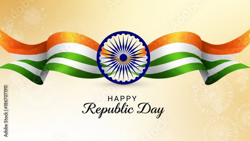 Vibrant indian republic day celebration graphic with waving tricolor flag and ashoka chakra symbol on warm beige background with Patriotic and National flag