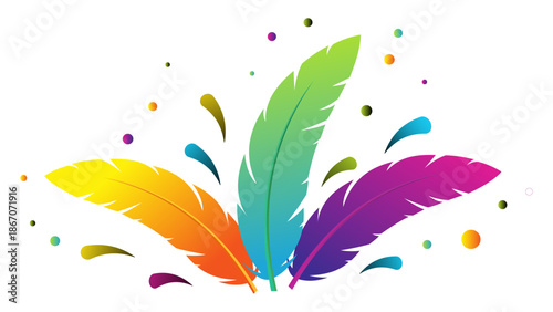 Vibrant multicolored feathers with confetti isolated on white background