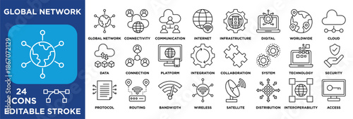 Global network icon collection set. Containing connectivity, cloud, internet, data, infrastructure, security, and systems. outline vector