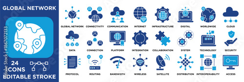Global network icon collection set. Containing connectivity, internet, cloud, data, security, wireless, infrastructure, and digital technology systems worldwide. solid icon vector