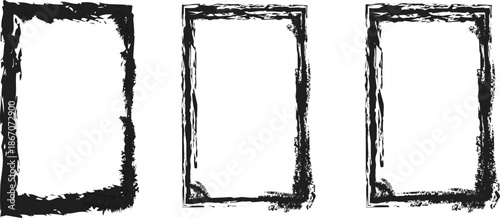 Set of three black grunge textured rectangular frames with rough hand-drawn ink edges isolated on white background for vintage design.