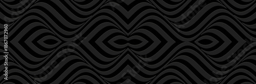 Banner, cover design, fresco. Unique 3D geometric pattern on a black background, embossed. Handmade. Ornaments, arabesques, mandalas of the East, Asia, India, Mexico, Aztecs, Peru. Ethnic traditions.