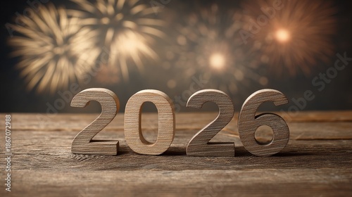 Wooden numbers shaped 2026 rest on blurred background with sparkling fireworks bursting around, leaving ample blank space perfect for adding custom text and design