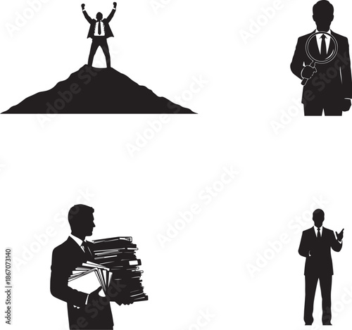 Business Silhouettes Depicting Success, Analysis, Workload, and Leadership Communication