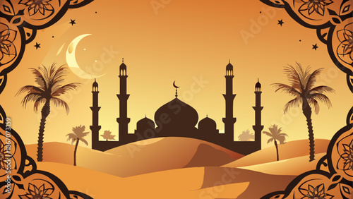 Mosque in desert landscape isolated on white background isolated on white background, Vector, illustration