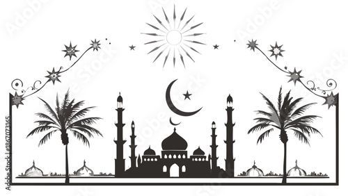 Islamic mosque and stars scene isolated on white background isolated on white background, Vector, illustration