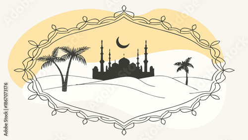 Illustrated mosque with palm trees isolated on white background isolated on white background, Vector, illustration