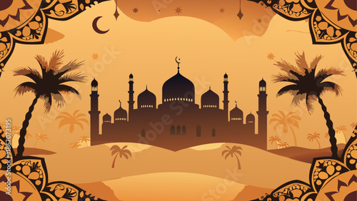 Illustrated mosque in desert landscape, isolated on white background isolated on white background, Vector, illustration