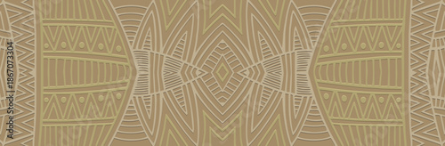 Banner, cover design, fresco. Geometric exotic 3D pattern on a beige background, embossed. Handmade. Ornaments, arabesques, mandalas of the East, Asia, India, Mexico, Aztecs, Peru. Ethnic traditions.