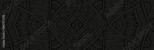 Banner, cover design, fresco. Original geometric 3D pattern on a black background, embossed. Handmade. Ornaments, arabesques, mandalas of the East, Asia, India, Mexico, Aztecs, Peru. Ethnic traditions