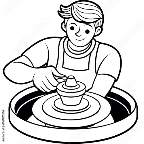 Pottery Artisan Working on Clay Wheel Engraved Vintage Vector