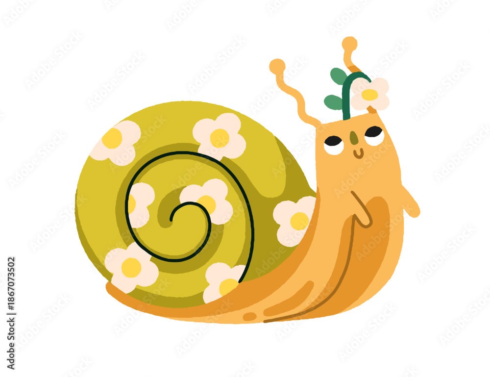 Fototapeta premium Cute snail with flowers on shell. Happy funny kawaii gastropod smiling. Whimsical quirky spring garden animal. Adorable baby slime, slug. Flat vector illustration isolated on white background