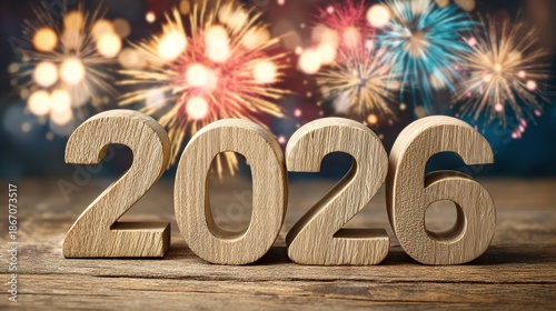 Wooden numbers shaped 2026 rest on blurred background with sparkling fireworks bursting around, leaving ample blank space perfect for adding custom text and design