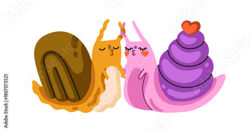 Cute snail couple in love. Romantic gastropods kissing. Little garden animals, valentines. Funny adorable kawaii slugs, slimes. Whimsical flat vector illustration isolated on white background