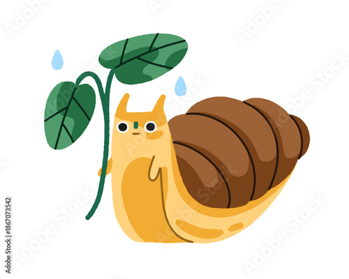 Cute snail with leaf branch umbrella in rain. Funny garden gastropod under le...