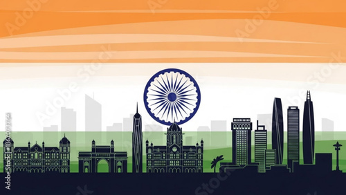 Indian cityscape with iconic ashoka chakra symbol and modern skyscrapers against vibrant orange and green background representing national pride and urban development