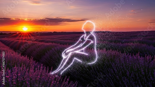 Woman Sitting in Lavender Field at Sunset.