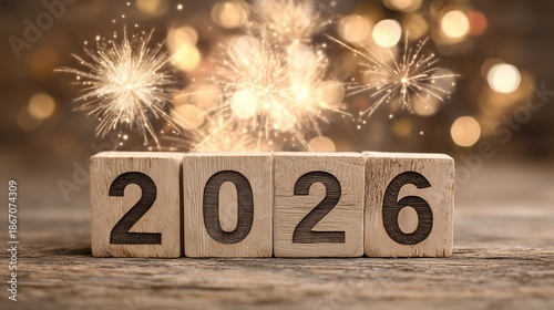 Wooden numbers shaped 2026 rest on blurred background with sparkling fireworks bursting around, leaving ample blank space perfect for adding custom text and design