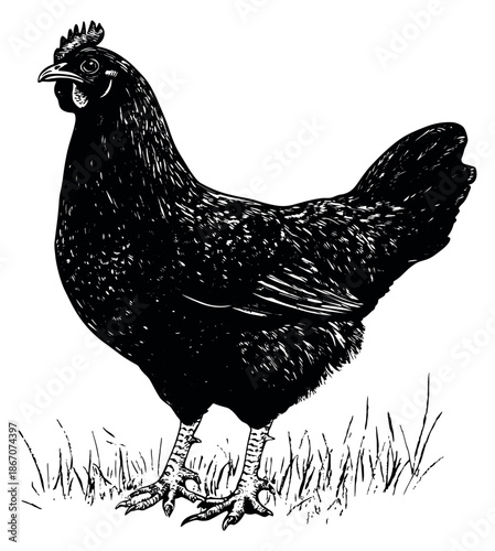 Hand drawn line art illustration of a chicken depicting a domestic fowl standing in grass for farm and agriculture themes