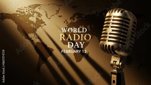 Vintage microphone and world map background for World Radio Day a conceptual illustration for broadcasting and communication events