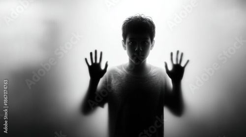 Wallpaper Mural Young person presses hands against a foggy surface while standing in dim light inside a building at night Torontodigital.ca