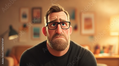 Wallpaper Mural Man with glasses displays concern in cozy living room setting during evening Torontodigital.ca