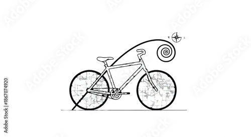 Whimsical bicycle illustration with a swirling path and compass rose