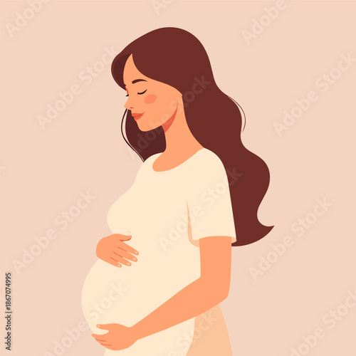 Pregnant woman holding belly, maternity and prenatal care flat vector illustration