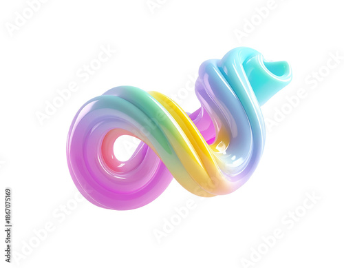 Twisted, ribbon-like sculpture with pastel colors against a black backdrop