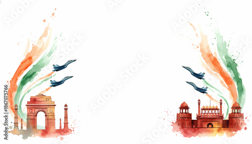 India republic day celebration with fighter jets air sow and indian monuments.
