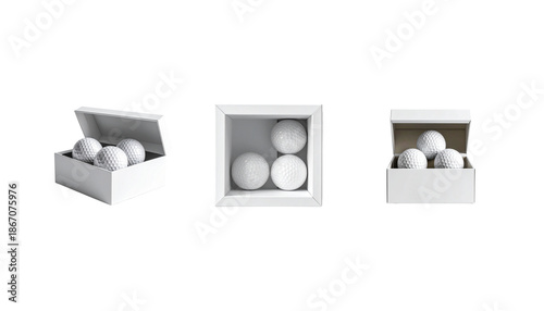 A close-up macro image of a round, white golf ball against a white background