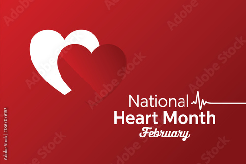 National Heart Month February Awareness Banner with Overlapping Hearts and Pulse Line on Deep Red Gradient Background for Cardiac Health Marketing