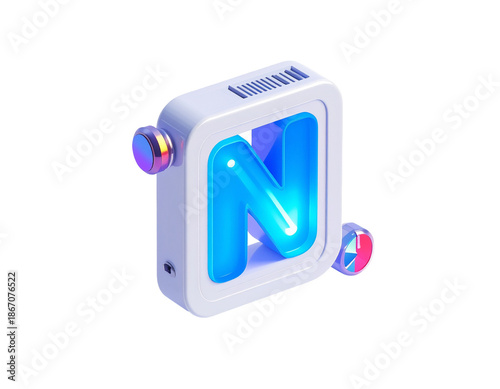 3D render of a futuristic white box with neon blue letter 
