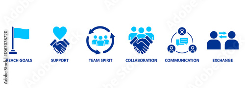 Banner working together concept contains such icons as collaboration, reach goals, team spirit, support, communication, and exchange. 