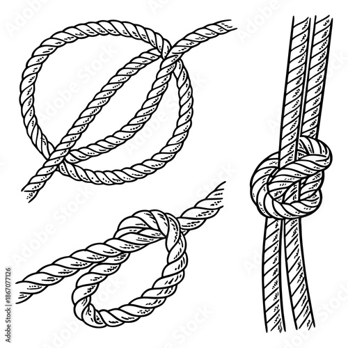 Decorative Rope Knots Collection in Vintage Engraving Style Black and White Vector