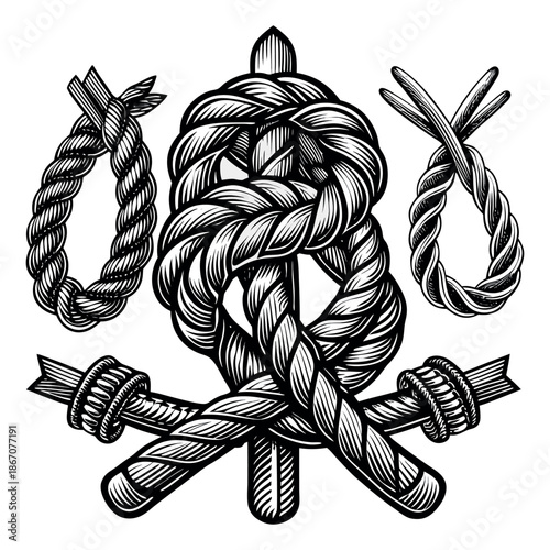Decorative Rope Knots Collection in Vintage Engraving Style Black and White Vector