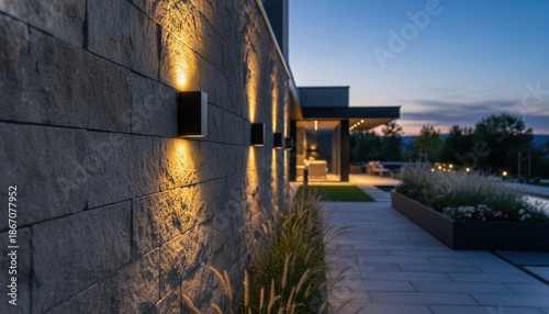 Architecture lighting exterior modern wall stone garden dusk luxury evening house design. Elegant residential building featuring outdoor illumination, warm glow, walkway path and landscaping.