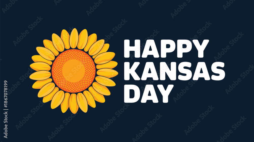 Fototapeta premium happy kansas day celebration illustration with bright sunflower icon and bold typography on dark blue background honoring state pride