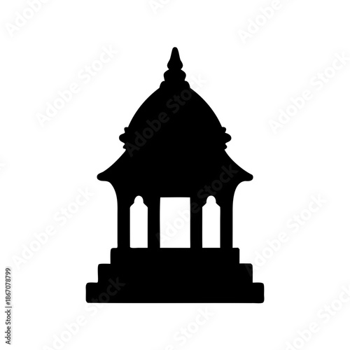 Silhouette of a traditional Asian gazebo structure on a white background
