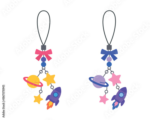 Hand drawn space phone keychains with rockets, planets, stars on white background. Colorful cartoon-style elements perfect for designs, illustrations and prints. Flat vector illustration