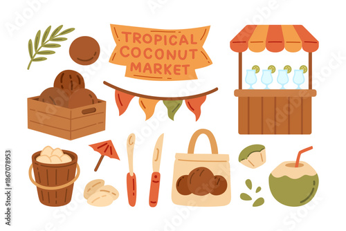 Coconuts, Food stall, Cocktail, Knife, Bucket, Drinks, Bag, Straw, Umbrella flat colorful icons set. Tropical coconut product market cartoon element design pack. Island food stall item illustration