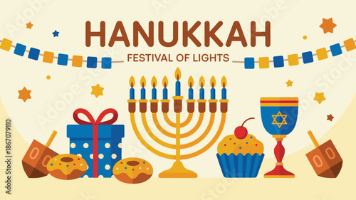 hanukkah festival of lights celebration illustration with menorah candles gifts dreidel and traditional jewish symbols on festive background