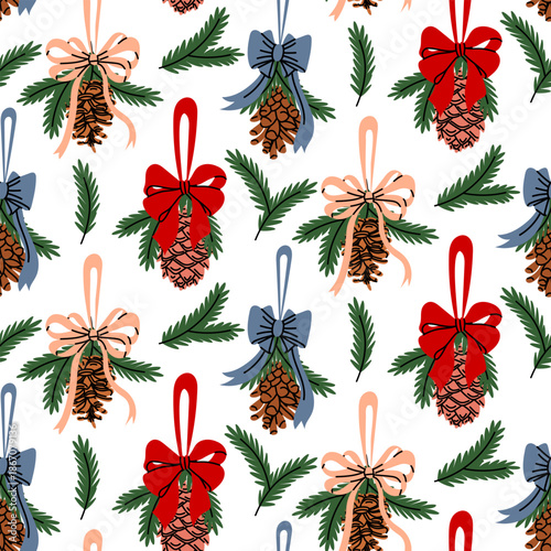 Seamless pattern with flat colored decorations on a loop with pine cones tied with bows and spruce branches, randomly. festive natural for wrapping paper for winter holidays, textile, seasonal designs