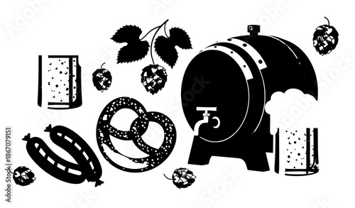 Oktoberfest elements set beer pretzel sausage barrel hops vector