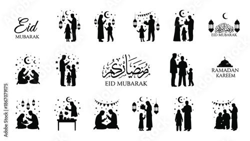 Black silhouettes of people celebrating eid mubarak and ramadan kareem with crescent moon lanterns and arabic calligraphy white Silhouette vector on whit Background