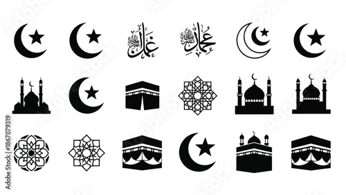 Islamic symbols and mosque icons in black white with Islamic art and Graphic resources and Religious symbols Silhouette vector on whit Background